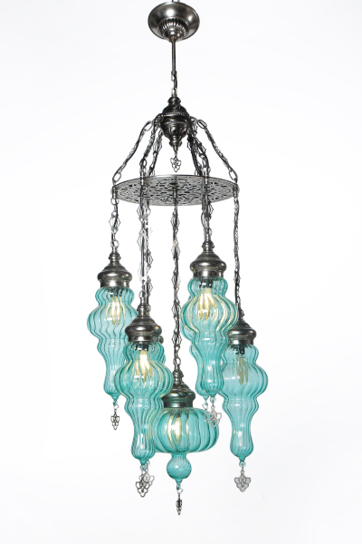 Chic Nickel Design Chandelier with 7 Custom Pyrex Glasses